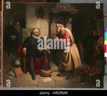 Questa opera raffigura Antonin Dvorak, il famoso compositore ceco, in una scena con Rodolfo II, imperatore del Sacro Romano Impero, in un ambiente ispirato all'alchimia. Il ritratto di Dvorak è abbinato a un contesto storico che riflette l'ambiente intellettuale e artistico del tardo Rinascimento in Boemia. Foto Stock