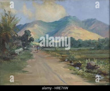Il "paesaggio della Manoa Valley, Honolulu" di David Howard Hitchcock cattura la lussureggiante bellezza del paesaggio hawaiano. Il dipinto enfatizza i colori vivaci della valle e i ricchi dintorni naturali, mettendo in mostra l'abilità dell'artista nella rappresentazione dei paesaggi. Foto Stock