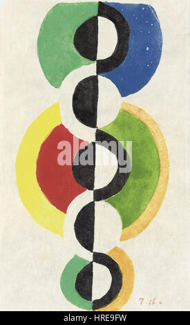 "Rythme" (c. 1932) di Robert Delaunay è una composizione astratta che esemplifica il suo uso del colore e delle forme geometriche. Il dipinto riflette il movimento dell'Orfismo, concentrandosi sulle forme dinamiche e sul ritmo visivo. Foto Stock