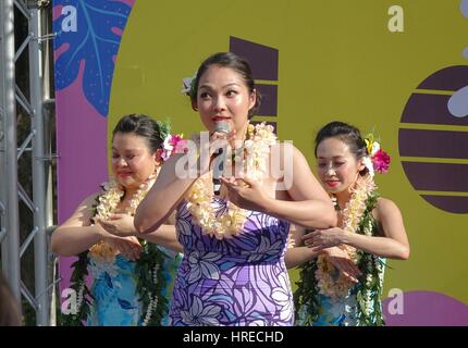 KAOHSIUNG, Taiwan -- Aprile 23, 2016: un gruppo di ballerini non identificato esegue una danza hawaiana al 1° Pacific Rim Ukulele Festival, una all'aperto gratuito Foto Stock