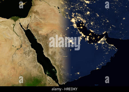 Luci della città sulla mappa del mondo. Penisola arabica. Gli elementi di questa immagine sono arredate dalla NASA Foto Stock