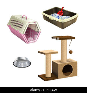 Pet Shop Accessori. Set di articoli per animali. Raccolta isolati di prodotti cat. Un albero, lettiera, ciotola e cat carrier su sfondo bianco. Realisti Foto Stock