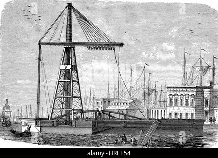 Il ferro da stiro a vapore, di Derrick gru a vapore, un articolo in - Die Gartenlaube - illustrato scheda di famiglia, una torre di perforazione è un dispositivo di sollevamento composta al minimo di un palo controventato, come in un gin pole, che può essere articolato su un carico regolando i suoi ragazzi, riproduzione di una xilografia dal xix secolo, 1885 Foto Stock
