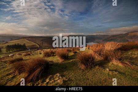 Vista verso il serbatoio di Elisabetta e i segnalatori luminosi da Tor y Foel Parco Nazionale di Brecon Beacons, Wales, Regno Unito Foto Stock