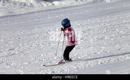 Poco sciatore sulla pista da sci al sole di mattina di inverno Foto Stock