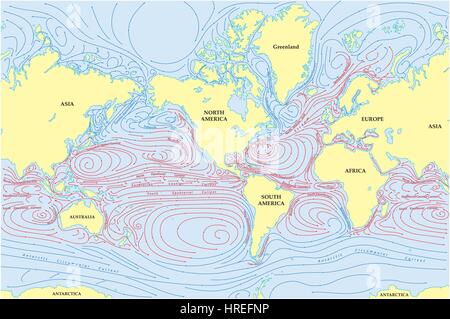 Vettore mappa mondiale di tutte le correnti del mare Illustrazione Vettoriale