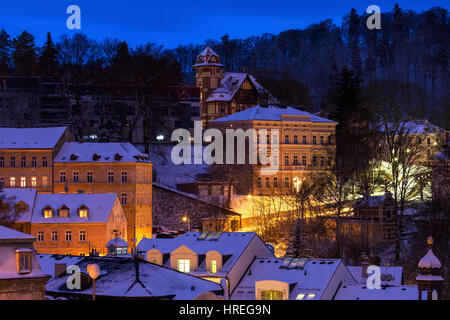 Inverno a Karlovy Vary. Di Karlovy Vary (Carlsbad), Boemia, Repubblica Ceca. Foto Stock