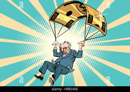 Senior Citizen Golden parachute compensazione finanziaria nell'azienda. Fumetto vintage pop art in stile retrò illustrazione vettore Illustrazione Vettoriale