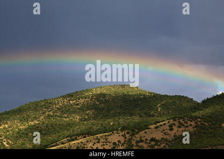 Questo paesaggio foto mostra un doppio arcobaleno contro un tempestoso cielo grigio sopra il Flaming Gorge National Recreation Area in Wyoming. Bear fiume è visto. Foto Stock