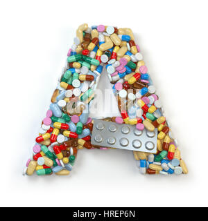 Lettera A. Set di alfabeto di medicina pillole, capsule, compresse e blister isolato su bianco. 3d illustrazione Foto Stock