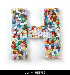 Lettera H. Set di alfabeto di medicina pillole, capsule, compresse e blister isolato su bianco. 3d illustrazione Foto Stock