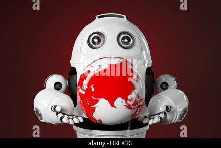 Robot rosso detiene il globo terrestre. Concetto di tecnologia Foto Stock