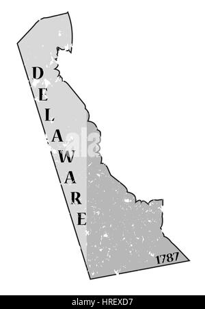 Un grunged Delaware stato delineare con la data di statualità isolato su uno sfondo bianco Foto Stock