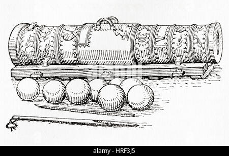 Del xv secolo ha un cannone a mano con le palle di cannone. Da Meyers lessico, pubblicato nel 1927. Foto Stock