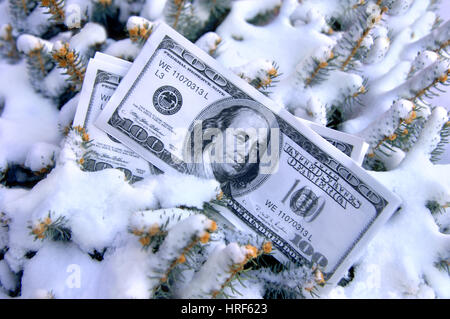 Pila di 100 fatture del dollaro lay mezzo sepolto nella neve. Immagine potrebbe rappresentare 'freddo contanti' e 'asset congelati". Foto Stock