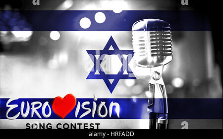 Foto banner con il logo ufficiale del concorso Eurovisione della canzone nella Bandiera di Israele. La Bielorussia,01 Marzo 2017 Foto Stock