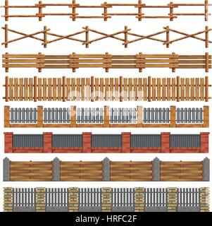 Diversi seamless legno e mattoni recinzioni. Vettore. Illustrazione Vettoriale