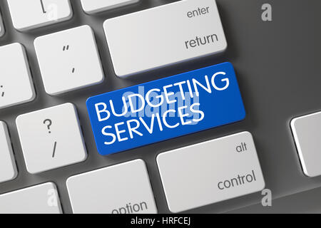 Servizi di budgeting concetto tastiera portatile con il budget dei servizi su Blu Tastiera Invio Sfondo, messa a fuoco selezionata. 3D Render. Foto Stock