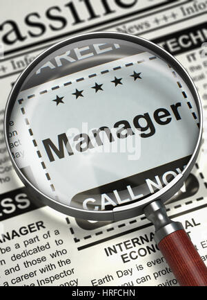 Manager - Lavori nel giornale. Colonna nel giornale con il posto di lavoro vacante di Manager. Concetto di assunzione. Immagine sfocata con il fuoco selettivo. 3D I Foto Stock