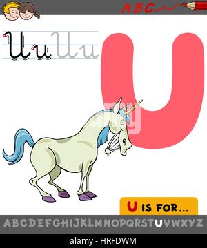 Cartone animato educativo illustrazione della lettera U da alfabeto con Unicorn personaggio di fantasia per bambini Illustrazione Vettoriale