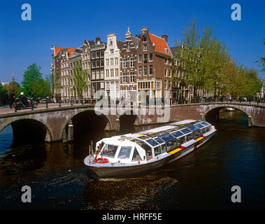 La barca turistica sul canale Prinsengracht Amsterdam, Olanda, Paesi Bassi. Foto Stock