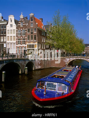 La barca turistica sul canale Prinsengracht Amsterdam, Olanda, Paesi Bassi. Foto Stock