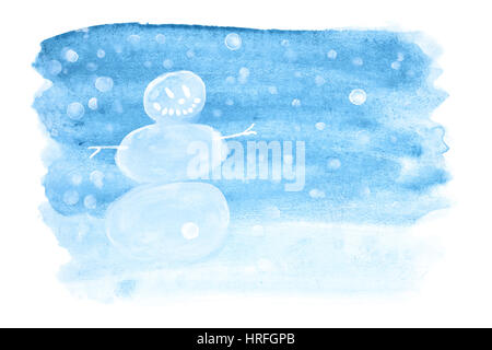 Blu acquerello Natale sfondo con pupazzo di neve Foto Stock