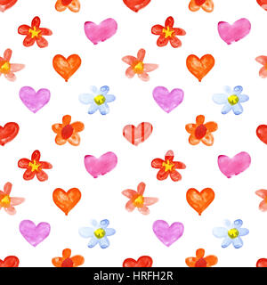Acquerello cuori e fiori - raster pattern senza giunture Foto Stock