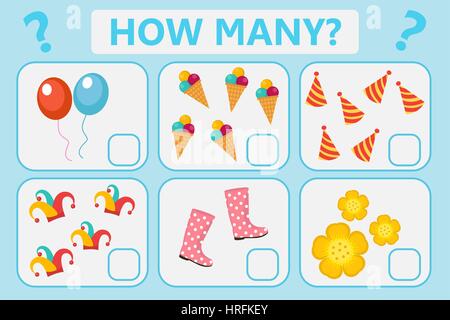 Educativi per bambini gioco di logica. Attività di matematica. Come molti. Illustrazione Vettoriale. Illustrazione Vettoriale