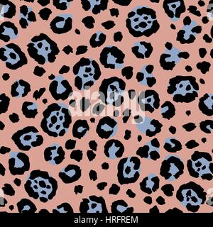 Vector seamless leopard stampa. Pelle di animale pattern. Macchie di animali selvatici dipinta a mano acquerello ornamento. Corallo e acciaio blu toni. Illustrazione Vettoriale