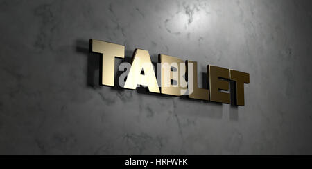 Tablet - Oro segno montato sul marmo lucido parete - 3D reso Royalty free stock illustrazione. Questa immagine può essere utilizzata per un sito online un banner Foto Stock