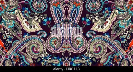Geometrica astratta paisley pattern. Tradizionale ornamento orientali. Colori brillanti su viola scuro dello sfondo. Il design tessile. Illustrazione Vettoriale