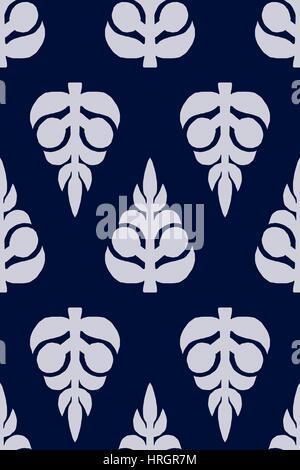 Vector seamless pattern, blocco stampate sfondo floreale, fatti a mano motivo russo ornamento in bianco su sfondo blu. Illustrazione Vettoriale