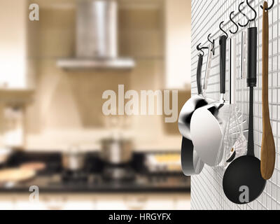 3D rendering cucina appeso a cremagliera con sfondo di cucina Foto Stock