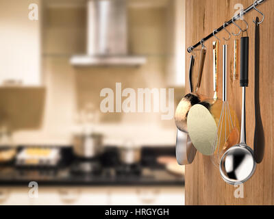 3D rendering cucina appeso a cremagliera con sfondo di cucina Foto Stock