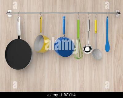 3D rendering cucina appeso a cremagliera con utensili da cucina Foto Stock