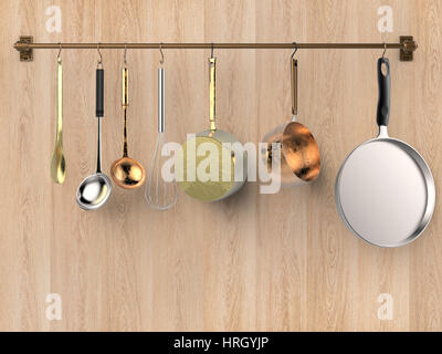 3D rendering cucina appeso a cremagliera con utensili da cucina Foto Stock