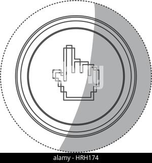 Adesivo silhouette monocromatiche pulsante circolare con pixel lato rivolto verso l'alto Illustrazione Vettoriale