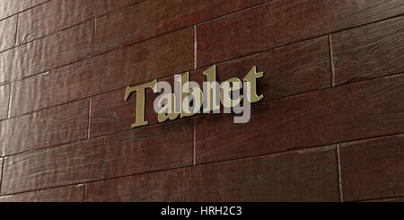 Tablet - targa di bronzo montato su legno di acero parete - 3D reso Royalty free stock foto. Questa immagine può essere utilizzata per un sito online banner o Foto Stock