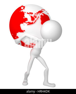 3d uomo con globo terrestre sulle sue spalle. Europee e africane. Isolato. Foto Stock