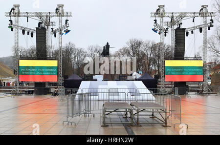 VILNIUS, Lituania - 16 febbraio 2017: per la celebrazione di indipendenza della Lituania, nella centrale piazza della cattedrale è montato grandi disp Foto Stock