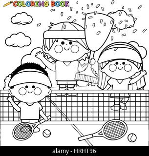 Illustrazione Vettoriale dei bambini i giocatori di tennis vincitori tenendo il campionato trofeo. Libro da colorare pagina. Illustrazione Vettoriale