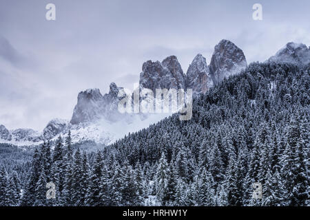 Le Odle Montagne in Val di Funes, Dolomiti, Italia Foto Stock