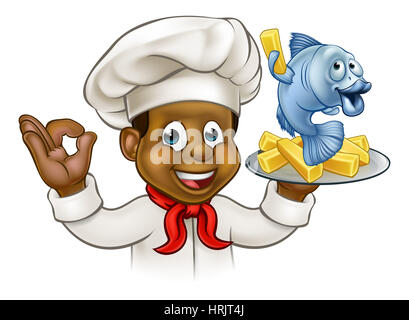 Un cartoon nero carattere chef holding pesce e patatine pasto Foto Stock