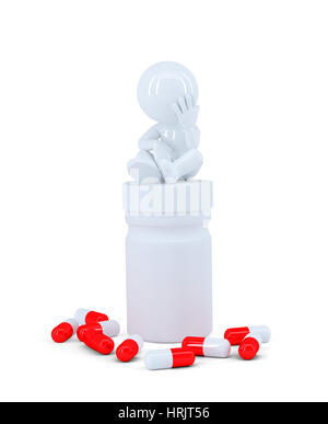 Premuto uomo seduto sulla parte superiore della scatola della pillola. Isolato su sfondo bianco Foto Stock
