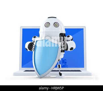Robot con shielad e laptop. Internet/Tecnologia del concetto di sicurezza. Isolato Foto Stock