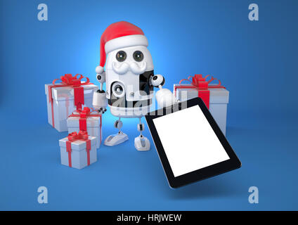 Robot Santa che mostra una schermata vuota computer tablet. Concetto di tecnologia Foto Stock