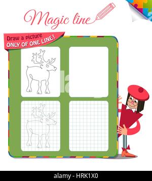 Visual gioco per bambini. Libro da colorare l'istruzione. Attività: disegna un quadro unico di una linea deer Illustrazione Vettoriale