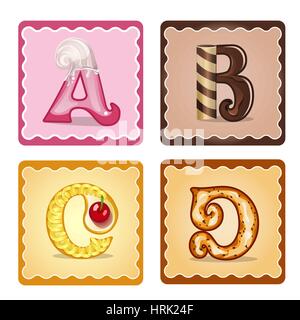 Schede per i bambini per imparare l'alfabeto. Lettere A,B,C,D, come il cioccolato, in forma di caramelle e dolci . Illustrazione Vettoriale Illustrazione Vettoriale
