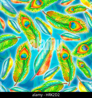 Acquerello piume illustrazione. Disegnata a mano con piume colorate. Modello con disegnati a mano le piume. Feather isolato su bianco sullo sfondo senza giunture Foto Stock